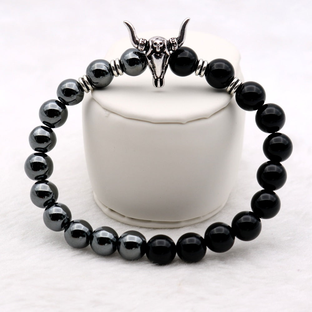 Bull Skull Silver Beaded Hematite/ Black Onyx Stones Bracelets