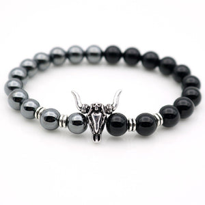 Bull Skull Silver Beaded Hematite/ Black Onyx Stones Bracelets