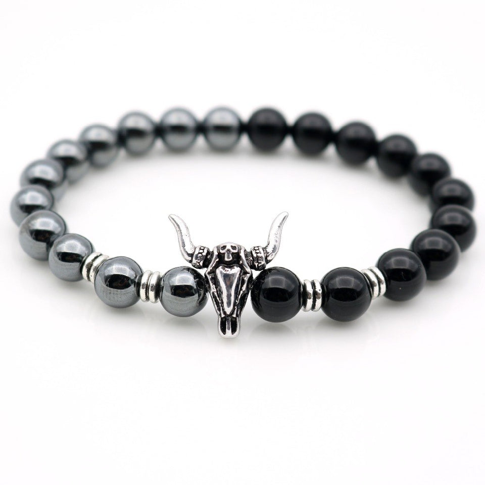 Bull Skull Silver Beaded Hematite/ Black Onyx Stones Bracelets